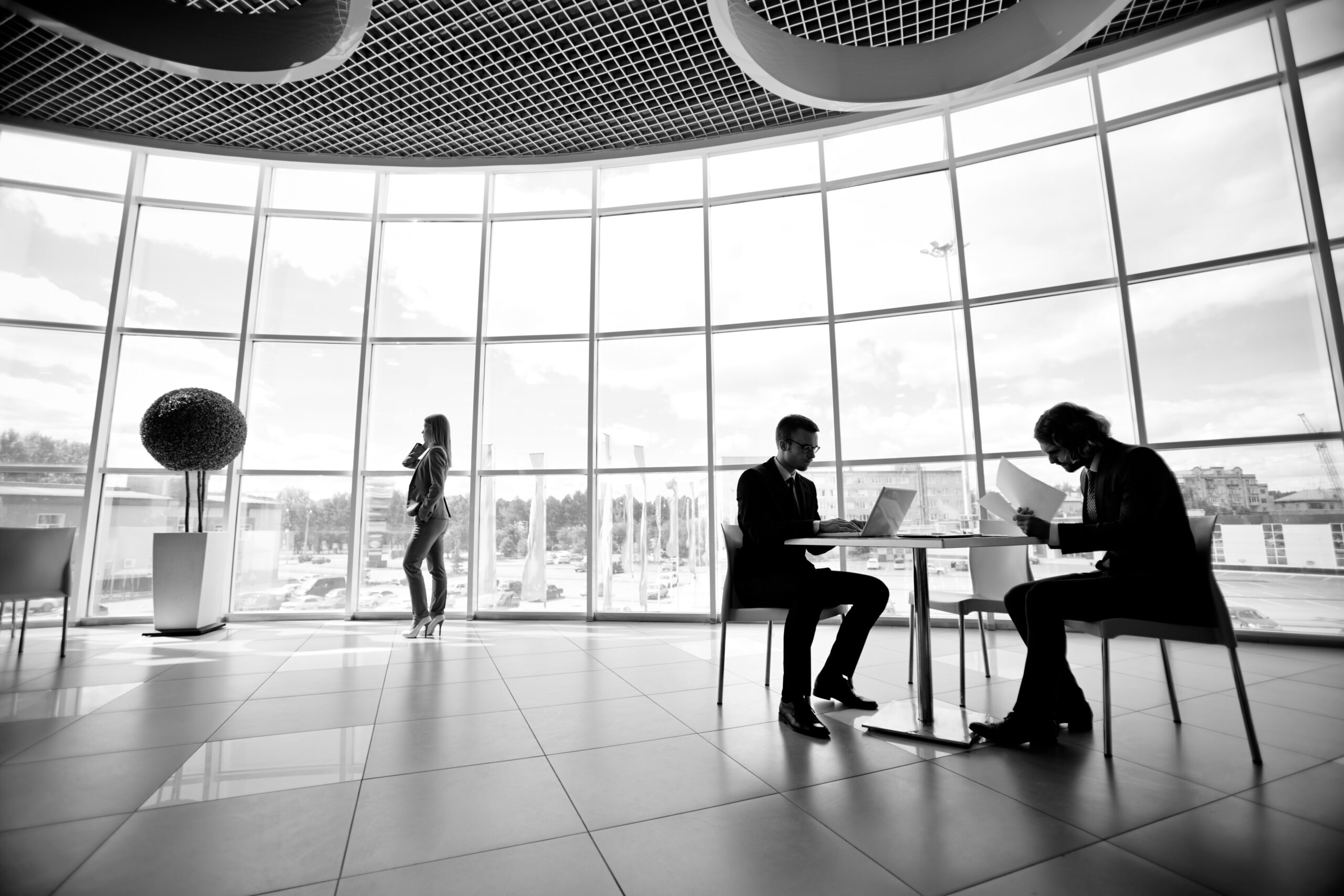 Two businessmen and businesswoman working in office